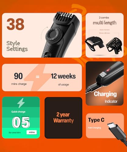 Image of Bombay Shaving Company Beard Trimmer For Men, 2X Fast Charging, USB Type C, 2 Yr Warranty, 120Min runtime, Hair Trimmer, Shaving Machine, Cordless Beard, 38 length Settings(Black)