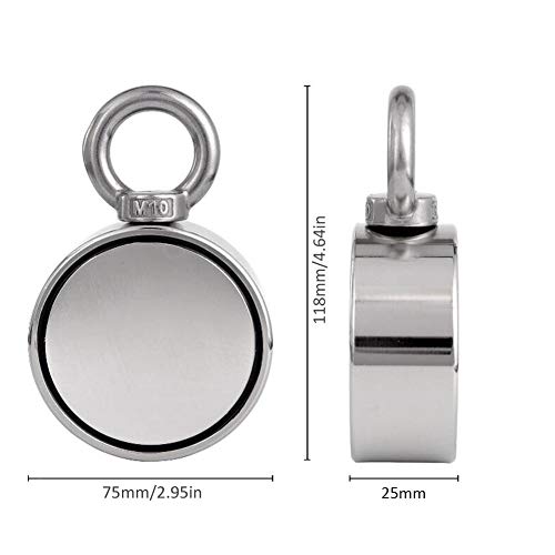 Double Side Combined 600LB Pulling Force Rundmagnet, Silber Strong Fishing Magnet mit Ringschraube für Magnetfischen und Bergung im Fluss - 60mm