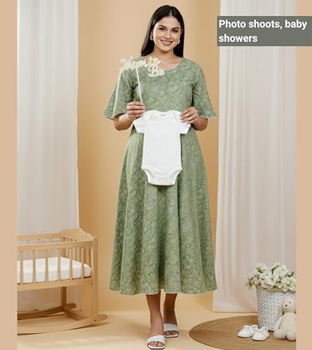 Image of DUMMY SHAPE Feeding Kurtis for Women Cotton Rayon | Printed Pregnancy Flare Kurta with Nursing Zippers to Pre & Post Partum | Maternity Dresses | Gifts for Pregnant Woman