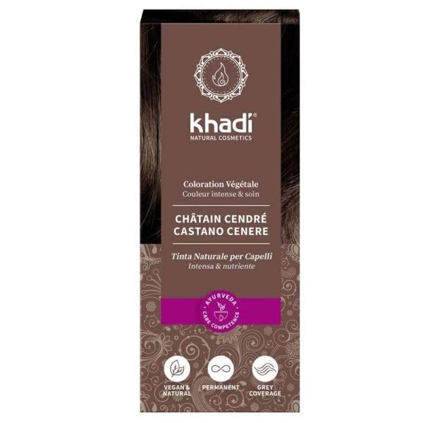 khadi ASH BROWN tinte vegetal, coloración para cabello mate, marrón ceniza medio a marrón café intenso - sin reflejos rojizos, color natural 100% vegetales y vegano, cosmética natural, 100g