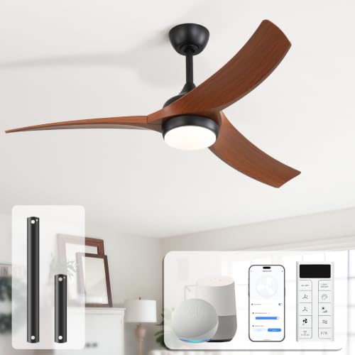Image of Sofucor 52 Inch Smart Modern Ceiling Fan with Light, Brown 3 ABS Blades | Alexa /Google Assistant /APP /Remote Control, Reversible DC Motor, Timer, 6 Speeds 3CCT for Living Room Bedroom Patio Farmhouse