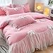 Girls Lace Bedding,Full Comforter Cover Set, Chic Ruffled Duvet Cover with Lovely Bow,Princess Style 1 Duvet Cover with 2 Pillowcases, No Comforter-Bright Pink,Full Size