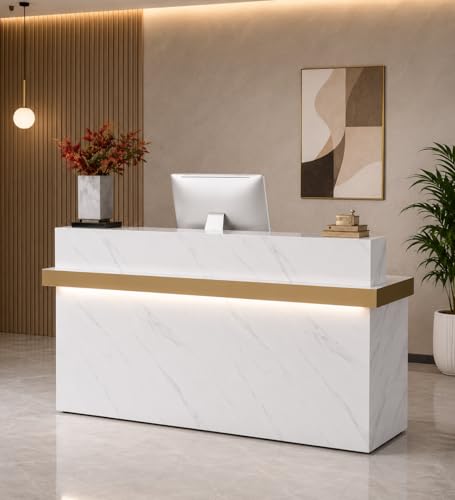 Image of Luxury White Front Desk Counter with Gold Accent Lighting for Office Lobby, Salon, and Hotel, Shopping Mall, Shop, Modern Marble Commercial Reception Areas - (RCT-80 LPB L6W2)