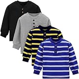 Cooraby 4 Packs Toddler Long Sleeve Shirt Boy Striped Tee Shirt with Pocket Soft Cotton T-Shirt