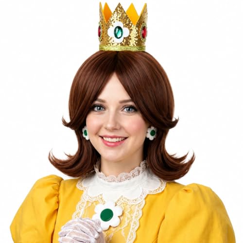 LABEAUTE Brown Princess Cosplay Wig for Women, Short Flipped 60's 70's Retro Synthetic Wig Heat Resistant Pre-Styled Costume Hair for Halloween Anime Convention Party Dress Up