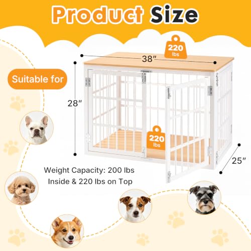 Image of NEWBULIG 38 Inch Dog Crate Furniture for Small Dogs, Space Saving Pet House End Table with Double Lock Door, Heavy Duty Indoor Kennel for Living Room, White & Wood
