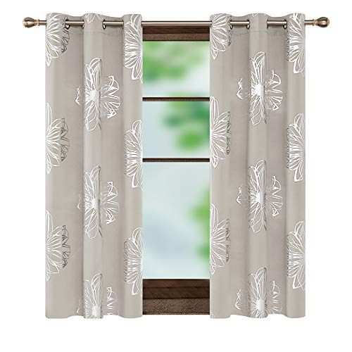 Image of Deconovo Blackout Curtains Foil Print Floral Thermal Insulated Drapes, Room Darkening Grommet Blackout Window Treatments for Living Room, Light Beige, 42*63 Inch, 2 Panels