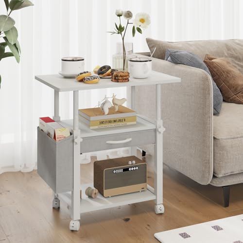 Image of YAOHUOO 22 inchx15 inch Large Printer Stand with Drawer, 3-Tier Rolling Table Cart | Storage Drawer and Side Bag,Height Adjustable Cart,Fit printer /fax /3d /scanner,4 lock wheels or feet,White
