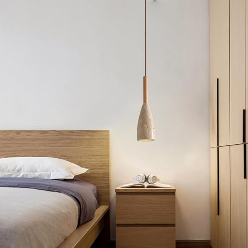 KAJYLFAST Single Heads Natural Stone Pendant Light with E26/E27 Wood Base Pendant Lamp 14.5 In Bedroom Hanging Light(Natural) [4]