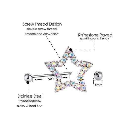 CrazyPiercing Nipple Barbell Ring, Rhinestone Paved Star Shape Nipplerings Piercing, Stainless Steel 14G Nipple Rings Shields Body Piercing Sold As a Pair2