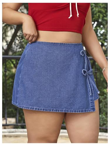 Floerns Women's Plus Size Wrap Denim Skirt Bow Asymmetrical Elastic Waist Short Skirts4
