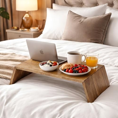 Image of Wooden Bed Table: Rustic Foldable Breakfast & Laptop Serving Tray | Multipurpose Portable Desk