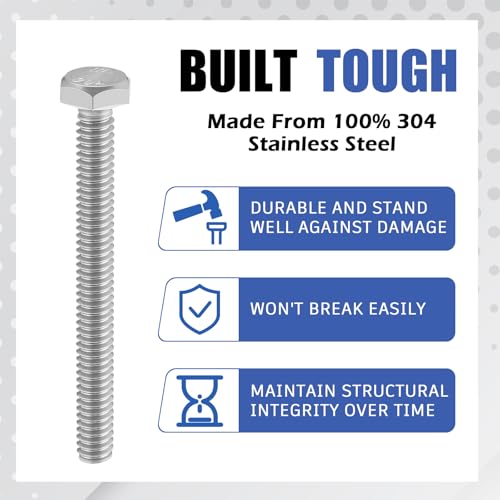 Image of Zonon 50 Pcs 1 /4-20 x 2-1 /2 inch Hex Head Screw Bolt 18-8 (304) Stainless Steel Hexagon Bolts, Fully Threaded, Plain Finish, External Hex Drive (Silver)