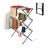 Straame 3-Tier Expandable Clothes Airer Indoor Outdoor – Slimline Drying Rack (Expanded:71×37×103 cm, Folded: 51×43×9 cm), 10 kg Capacity, Rust-Resistant, Non-Slip Feet, Heavy-Duty Design (Black)