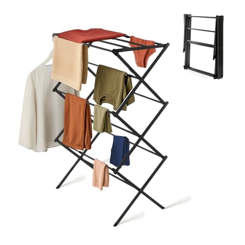 Straame 3-Tier Expandable Clothes Airer Indoor Outdoor Slimline Drying Rack (Expanded:71×37×103cm Folded: 51×43×9cm) 10kg Capacity Rust-Resistant Non-Slip Feet Heavy-Duty Design (Black)