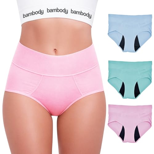 Bambody Absorbent Panties, Post-Partum, Period Underwear for Women and Teens - Leakproof, Soft, Comfortable, Breathable - Medium, 3 Pack, Pink - Blue - Green