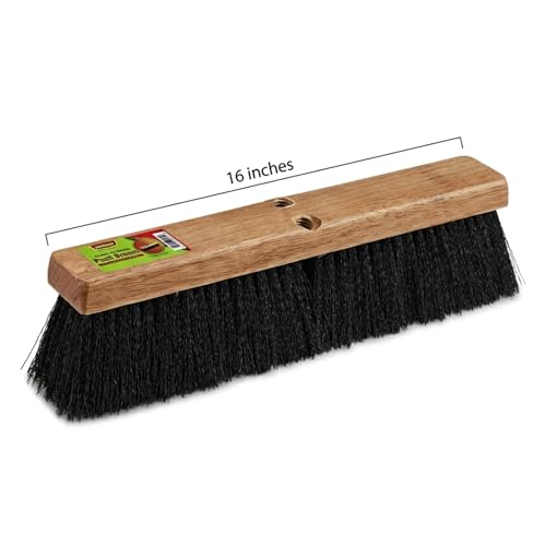 Image of Black Indoor Push Broom Head - Heavy Duty Hardwood Block - Polypropylene Bristles - Deck Scrub Brush - Two Threaded Handle Holes for Better Assist (16 inch)