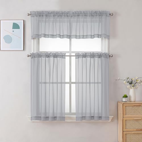 Image of Chyhomenyc Sheer Valances for Windows 2 Pack, Small Window Curtains for Living Room Bathroom Cafe Laundry Basement, Modern Top Dual Rod Pocket Voile Curtain, 42W x 18L inches, Light Grey
