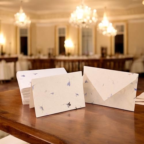 Image of Kathmandu Valley Co. 50 Vintage 4x6 Handmade Lokta Paper Nepali Cherish Greeting Cards & Matching Decorative Flower Petal Envelopes. Folded blank cards. Handmade In Nepal. (Cornflower)