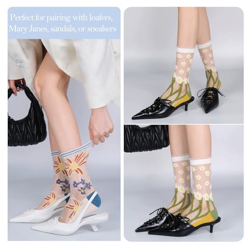 DXYAKY Women's Sheer Floral Embroidered Socks - Vintage Transparent Thin Mesh Crew Socks, Cute & Fashion Lace Aesthetic Ankle3