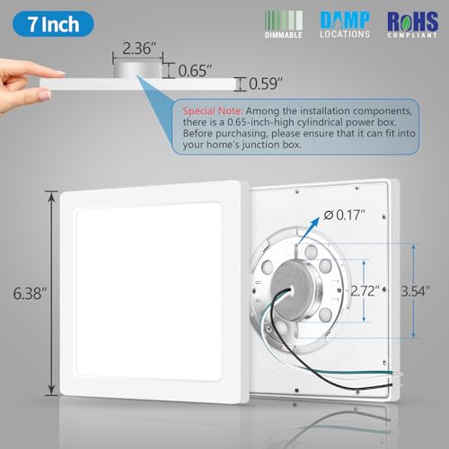 mw 7 Inch Square LED Flush Mount Ceiling Light, Slim LED Ceiling Lights, Dimmable 12W, 3000K/4000K/5000K, Low Profile White Fixtures for Bedroom, Kitchen, Bathroom, ETL Listed, Each Side is 6.38" by mw - Used condition - Image 3