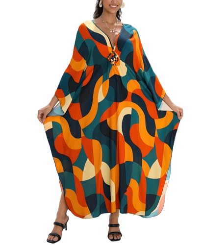 Image of IMAGEKOPE Women's Plus Size Animal Print V-Neck Batwing Kaftan Beach Dress Bathing Suit Cover-Up Loungewear
