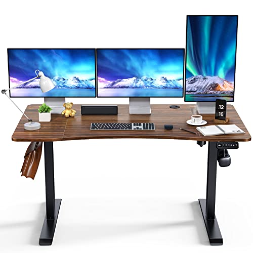 Height Adjustable Electric Standing Desk, 55 X 24 Inch Curved Standing Desk w/ 4 Memory Height, Ergonomic Design, Splice Board, 2 Hooks, 2 Outlet Boxes, Stand up Desks for Home Office, Walnut
