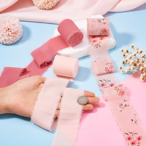 Ruban mousseline de soie rose imprimé à franges artisanales pour créations de luxe