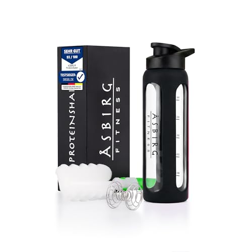 Asbirg Fitness | 24 oz Glass Protein Shaker Bottle – BPA-Free, Leakproof Lid, Stainless Steel Mixing Ball & Silicone Sleeve – Gym Shaker for Smoothies, Shakes & Pre-Workout – Black