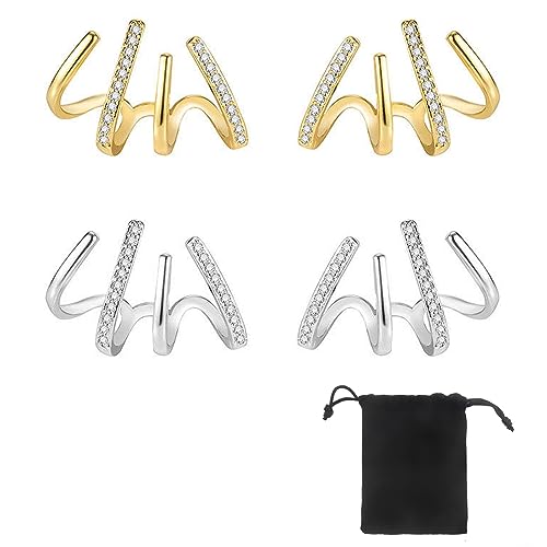 SJBAUTYO Boucles d'oreilles à Quatre Griffes pour Femme Filles, 14K Plaqué Or Boucles d'oreilles en Zircon Brillant pour Femmes, 4 broches Wrap boucles d'oreilles pour les filles ami (2Pairs)