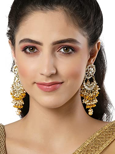 Image of Karatcart Yellow Crystal and Pearl Kundan Dangler Earrings for Women