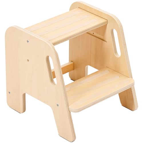 Step Stool for Toddler Kids Wooden – Height Adjustable 2-Step Ladder with Handles – Bathroom Sink Kitchen Bedroom Potty Training – Non-Slip Safety Design for Children 18 Months+