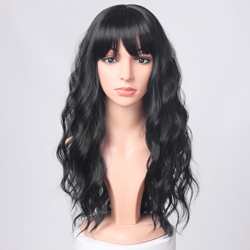 Black Wavy Wigs with Bangs for Women Glueless Black wigs Synthetic Long Black Wigs Natural Looking Heat Resistant for Daily Party Use