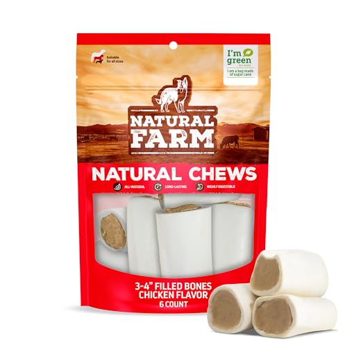 Natural Farm Chicken Filled Bones (3-4 Inch 6 Pack) Limited Ingredient Natural Stuffed Dental Dog Bone Treats for Dogs Made with Real Chicken