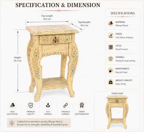 Image of Multipurpose Table Outdoor Indoor Stool Flower Vase Stool with One Drawer Material Mango Wood Size 30.5CM x 30.5CM x 53.3CM (Lite Yellow Antique)