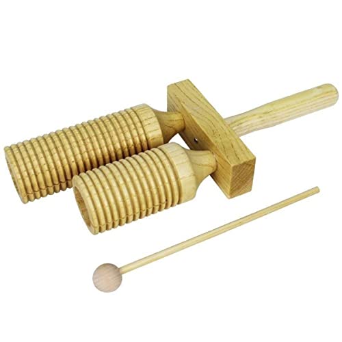 A-Star Two Tone Double Wood Block Agogo Guiro Scraper with Wooden Beater, Percussion Rhythm Block