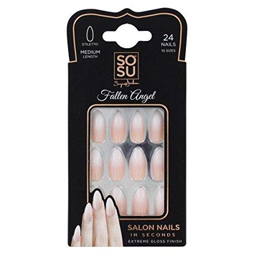 SosuCosmetics False Nails Stiletto Fallen Angel – Long Black Artificial Nails with Glossy Finish – Easy to Apply & Durable