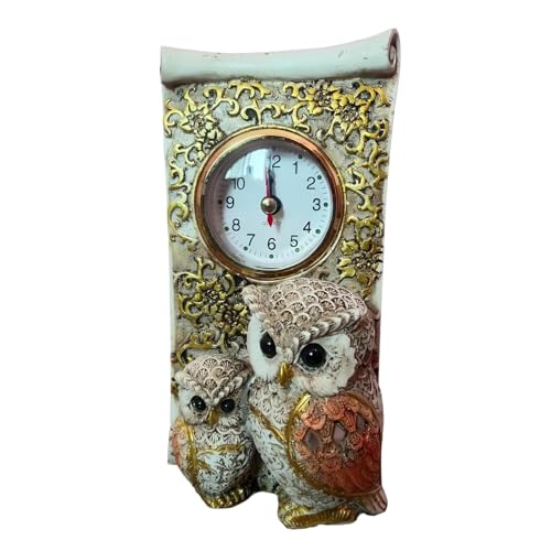 Image of Decorative Owl Figurine Table Clock, Resin, Quartz, Antique Gold Finish, Home Decor