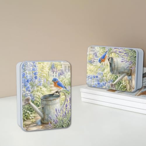 Image of Decorative Metal Tin Box with Lid,Bluebird Watering Can Organizer