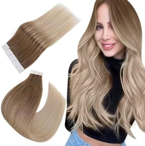 Easyouth Ombre Tape in Hair Extensions Human Hair Invisible Tape in Extensions Brown to Blonde Balayage Tape in Real Hair Extensions Natural 12 Inch 20Pcs 30g