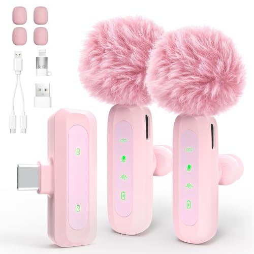kinmaizi Wireless Mini Lavalier Lapel Microphone for iPhone iPad iOS Devices - Noise Reduction Lapel Mic for Recording Clip on Mic for Video YouTube Tiktok Podcast Vlogging (Pink)