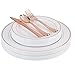 200 Piece Heavyweight Party Disposable Plastic Plates and Cutlery Set Includes 40 Dinner Plates 40 Dessert Plates and 40 Pieces of Glossy Silver Plastic Forks Knives and Spoons (Rose Gold)