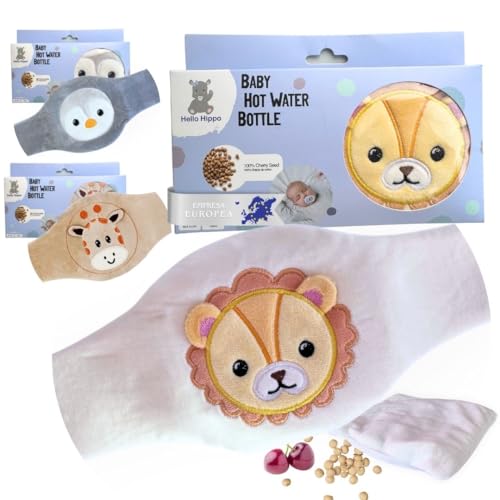 Hello Hippo - Saco de Semillas de Cereza para Bebé - Cinturón Anticólicos con Calor Seco, Microondas o Horno, Hipoalergénico y Lavable (Léon)