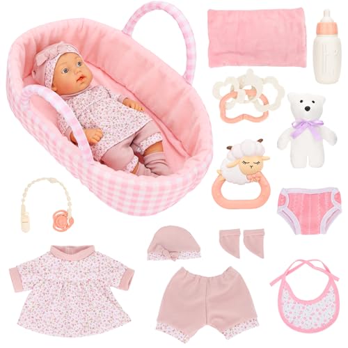 Miunana Babypuppe 30 cm Puppe in süßer Puppenkleidung Niedliches Outfit Hut Socken, ohne Haare 12 Zoll Puppen mit Puppentragetasche Schlafkorb Puppenkorb Spielzeug Zubehör für Kinder ab 3 Jahren