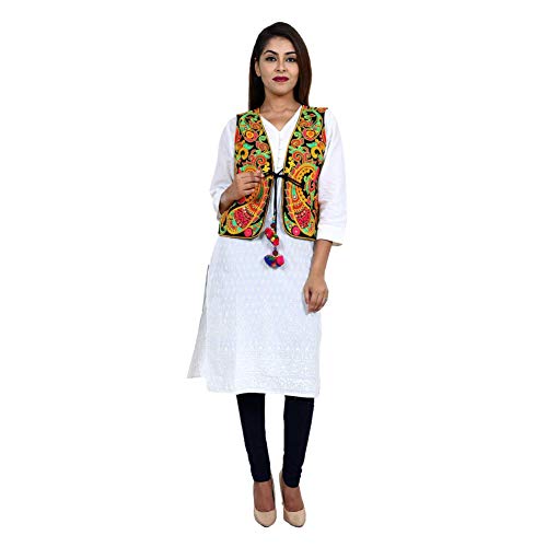 Image of Craft Trade Women's Cotton Embroidered Kutchi Jacket with Tassels Sleeveless Mirror Work