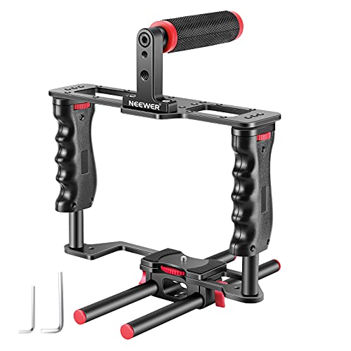 Neewer Aluminum Alloy Camera Video Cage Film Movie Making Kit, with Top Handle, Dual Hand Grip, Two 15mm Rods, Compatible with Canon, Sony, Fujifilm, and Nikon DSLR Camera and Camcorder (Black + Red)
