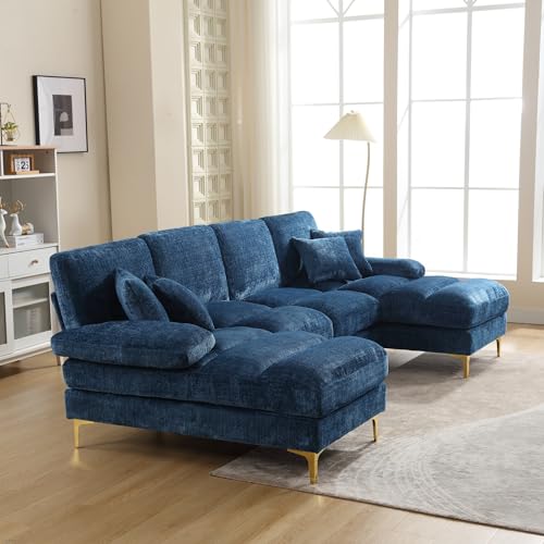 Sapgaks Sektionalsofa in U-Form, modernes Schlafsofa, 4-Sitzer, gepolstertes Möbelstück, modernes Design, Chenille-Stoff (blau) – Bild 5