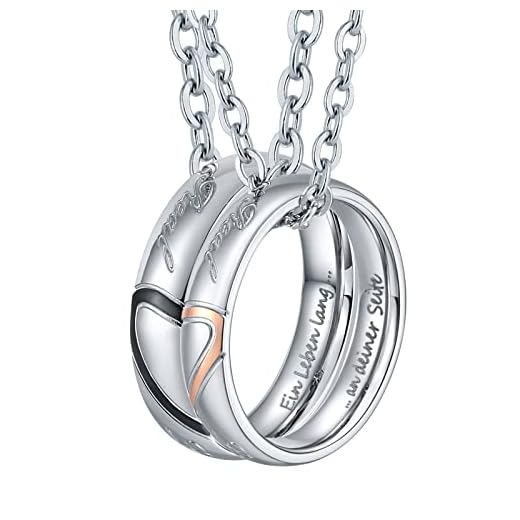 Bishilin Partnerringe mit Gravur EIN Leben lang an deiner Seite, Partnerketten Personalisiert Edelstahl Paar Halskette mit Ring Anhänger Puzzle, Kette 60CM 50CM Silber