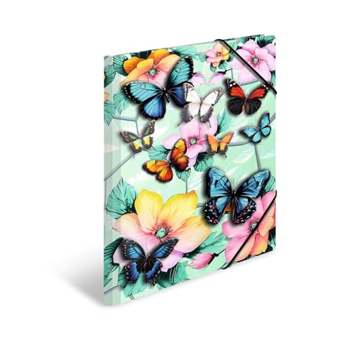 HERMA Sammelmappe A3 Schmetterling, Kinder Eckspanner-Mappe aus Pappe mit Blumen Motiv, Gummizug, Innenklappen und Innendruck für Jungen und Mädchen