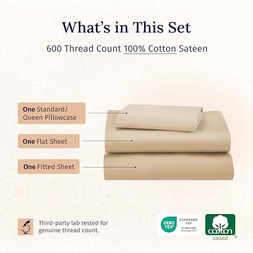 California Design Den Twin Bed Sheets 100% Cotton Sateen, 600 Thread Count, Soft, Cooling Twin Sheet Set, Hotel-Quality Bedding Sheets & Pillowcases (Golden Tan)